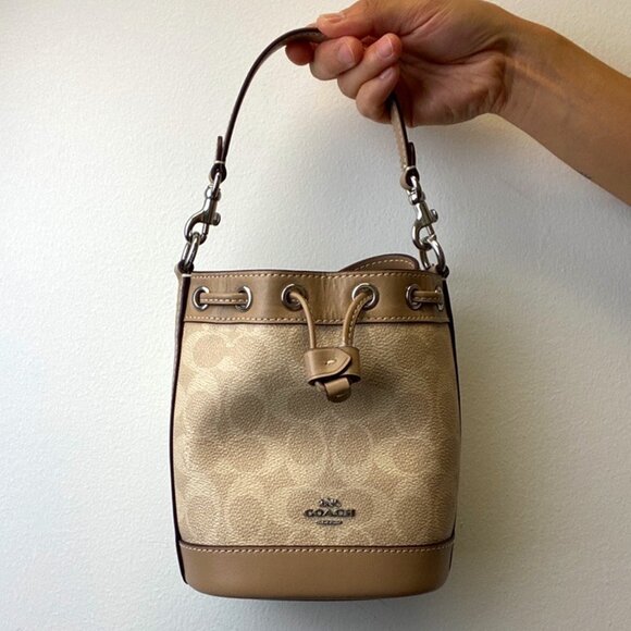 Coach Mini Bucket Bag in Signature Canvas, Khaki Saddle, New without Tag - Picture 1 of 6